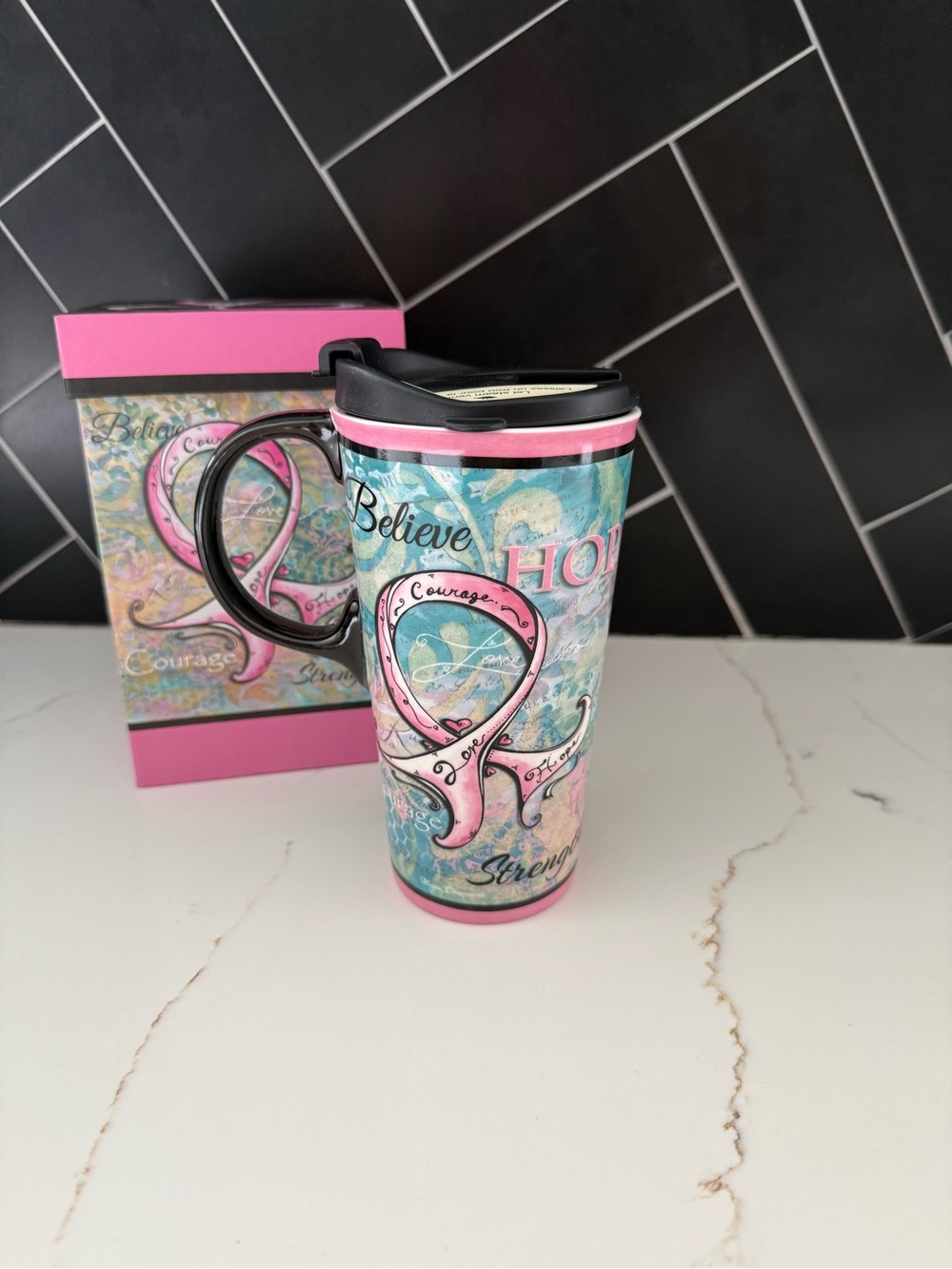 The perfect cup ceramic breast cancer awareness mug with lid. Brand new!